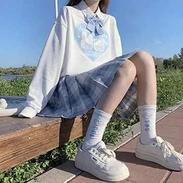 Starry Collector Kawaii Fashion Pastel Goth Crewneck Soft Long Sleeve Cute Cartoon Heart Print Cloud Critter Sweatshirt (White, M)