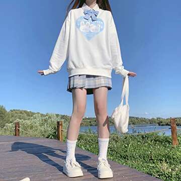 Starry Collector Kawaii Fashion Pastel Goth Crewneck Soft Long Sleeve Cute Cartoon Heart Print Cloud Critter Sweatshirt (White, M)