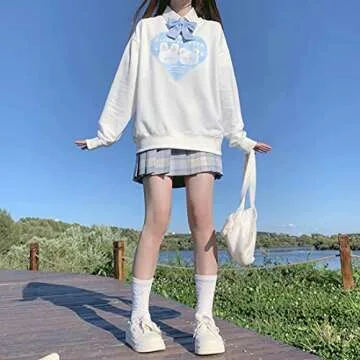 Starry Collector Kawaii Fashion Pastel Goth Crewneck Soft Long Sleeve Cute Cartoon Heart Print Cloud Critter Sweatshirt (White, M)