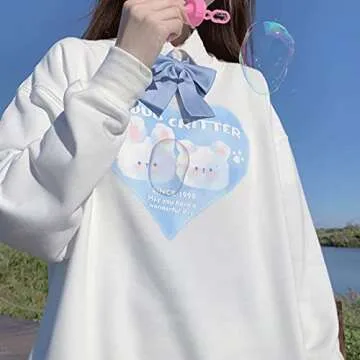Starry Collector Kawaii Fashion Pastel Goth Crewneck Soft Long Sleeve Cute Cartoon Heart Print Cloud Critter Sweatshirt (White, M)