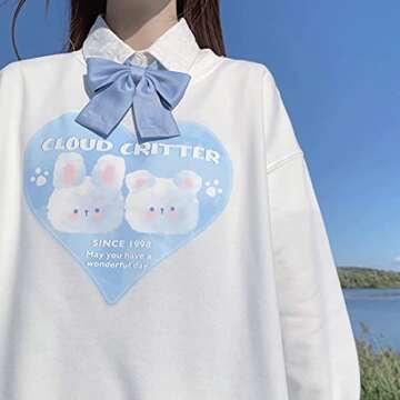 Starry Collector Kawaii Fashion Pastel Goth Crewneck Soft Long Sleeve Cute Cartoon Heart Print Cloud Critter Sweatshirt (White, M)