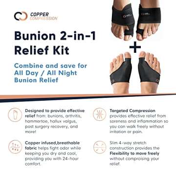 Copper Compression Bunion Relief Kit - Includes 1 Pair Each of Bunion Corrector Cushion Sleeves & Bunion Corrector Toe Splints - Pads & Straightens Bunions, Feet for Men & Women - Large/X-Large