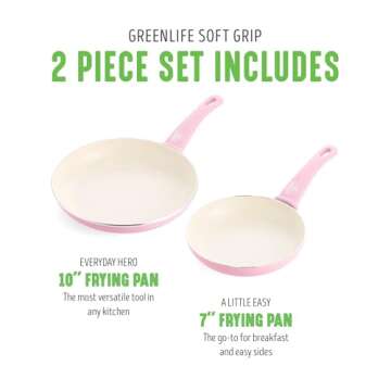 GreenLife Soft Grip Healthy Ceramic Nonstick 7" and 10" Frying Pan Set, PFAS & PFOA-Free, Dishwasher Safe, Egg Omelet Skillet, Cookware for Easy Cooking, Non-Stick Kitchen Essentials, Soft Pink
