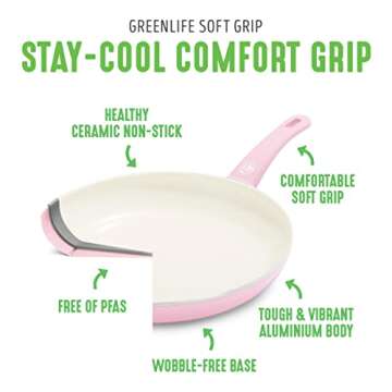 GreenLife Soft Grip Healthy Ceramic Nonstick 7" and 10" Frying Pan Set, PFAS & PFOA-Free, Dishwasher Safe, Egg Omelet Skillet, Cookware for Easy Cooking, Non-Stick Kitchen Essentials, Soft Pink
