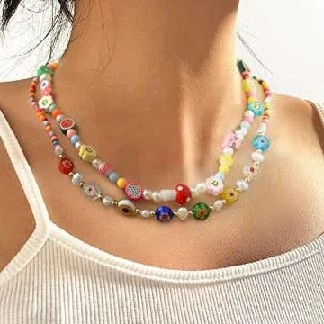 6 PCS Y2K Beaded Necklaces for Women Cute Boho Pearl Summer Beach Handmade Choker Necklace Set Aesthetic Preppy Fashion Jewelry Gift for Women