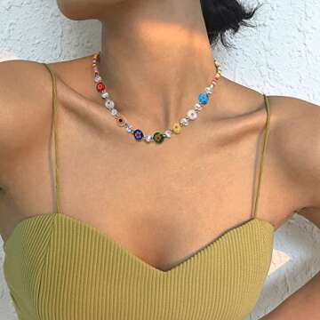 6 PCS Y2K Beaded Necklaces for Women Cute Boho Pearl Summer Beach Handmade Choker Necklace Set Aesthetic Preppy Fashion Jewelry Gift for Women