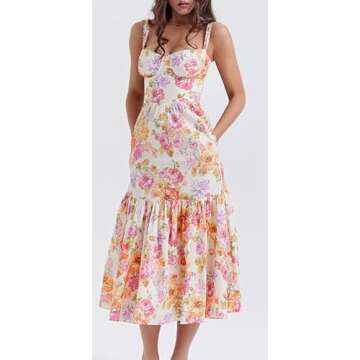 Women Summer Boho Spaghetti Straps Square Neck Midi Dress Floral Print Sleeveless Vintage Tiered A Line Beach Dresses (Yellow,Small)
