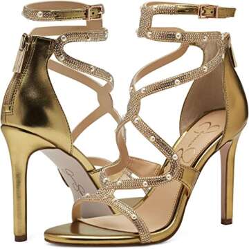 Jessica Simpson Women's Janya Ankle Strap High Heel Sandal Heeled, Karat Gold, 8