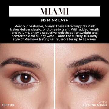 Lilly Lashes Miami 3D Mink Lashes - False Eyelashes Natural Look - Mink Eyelashes for Wispy Lashes Natural Look - Reusable Fake Eyelashes up to 25 Wears - Fluffy Eyelashes for Wispy Eyelashes
