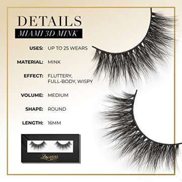 Lilly Lashes Miami 3D Mink Lashes - False Eyelashes Natural Look - Mink Eyelashes for Wispy Lashes Natural Look - Reusable Fake Eyelashes up to 25 Wears - Fluffy Eyelashes for Wispy Eyelashes