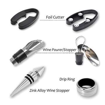 Kato Wine Accessories Gift Set - Wine Bottle Corkscrew Opener Kit, Drip Ring, Foil Cutter and Wine Pourer and Stopper in Novelty Bottle-Shaped Case Valentine's Gift, Black