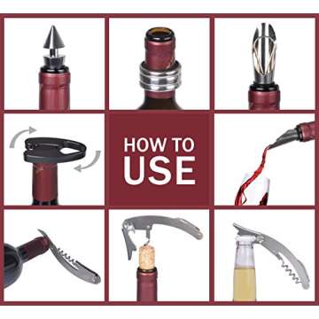 Kato Wine Accessories Gift Set - Wine Bottle Corkscrew Opener Kit, Drip Ring, Foil Cutter and Wine Pourer and Stopper in Novelty Bottle-Shaped Case Valentine's Gift, Black