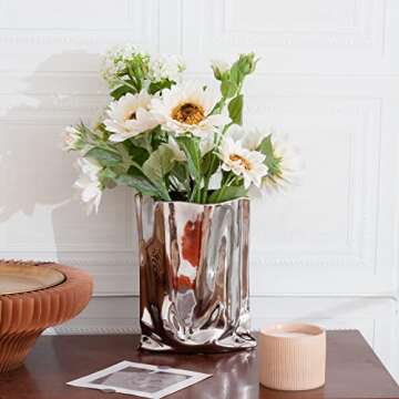 Liotww Silver Ceramic Paper Bag Flower Vase for Centerpieces, Maximalist Boho Modern Decorative Flor...