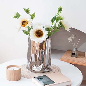 Liotww Silver Ceramic Paper Bag Flower Vase for Centerpieces, Maximalist Boho Modern Decorative Floral Vase for Farmhouse Wedding Dining Room Office Entryway Bookshelf Coffee Table Décor