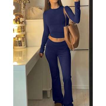 AYWA Women's 2 Piece Outfits Foldover Flare Pants Long Sleeve Crew Neck T-shirt Fitted Pajama Sets (Navy, Small)