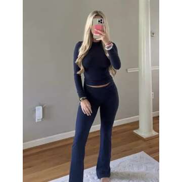 AYWA Women's 2 Piece Outfits Foldover Flare Pants Long Sleeve Crew Neck T-shirt Fitted Pajama Sets (Navy, Small)
