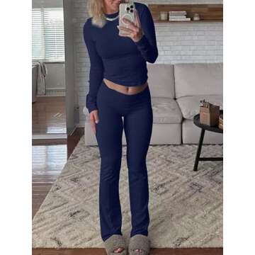 AYWA Women's 2 Piece Outfits Foldover Flare Pants Long Sleeve Crew Neck T-shirt Fitted Pajama Sets (Navy, Small)