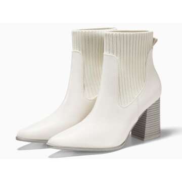 Coutgo Womens Pointed Toe Ankle Boots Elastic Chunky Block Stacked Mid Heel Comfortable Chelsea Booties Shoes