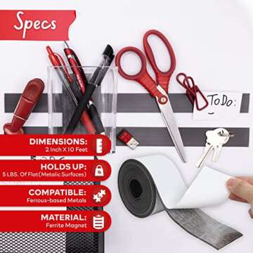 XFasten Strong Magnetic Tape for Whiteboard, 2-Inch X 10-Foot Magnetic Tape Strips with Adhesive Bac...