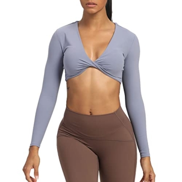 Aoxjox Women's Deep V Twist Long Sleeve Crop Top Workout Tee