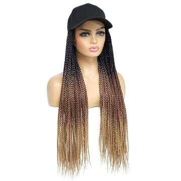 Yunkang Braided Baseball Cap Wig Box Braid Hair Extensions with Hat Ombre brown light brown Synthetic Hair black Cap Wig with 24inch Long Braiding Hair for Women (B-53)