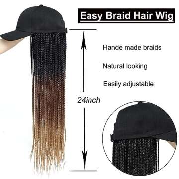 Yunkang Braided Baseball Cap Wig Box Braid Hair Extensions with Hat Ombre brown light brown Synthetic Hair black Cap Wig with 24inch Long Braiding Hair for Women (B-53)
