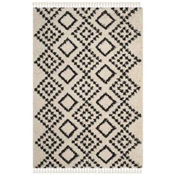 SAFAVIEH Moroccan Fringe Shag Collection Accent Rug - 4' x 6', Cream & Charcoal, Tribal, Non-Sheddin...