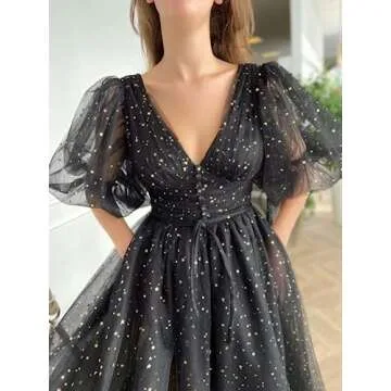 Xijun Women's Sparkle Starry Tulle A Line Puffy Sleeve Prom Dresses with Slit Formal Evening Party Gowns