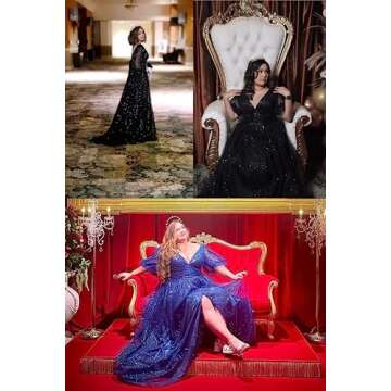 Xijun Women's Sparkle Starry Tulle A Line Puffy Sleeve Prom Dresses with Slit Formal Evening Party Gowns