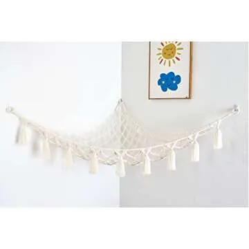 Mingtex Macrame Toy Hammock - for Stuffed Animals and Plush Toys, Soft Net Storage with Wooden Photo Clips, Soft Corner Hanging Netting, White Large