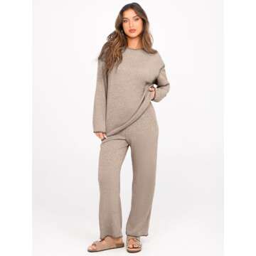 Glamaker Womens 2 Piece Outfit Long Sleeve Lounge Set Knit Sweater Loungewear Pajamas Matching Set Fall Travel Tracksuit(Coffee Grey,Medium)