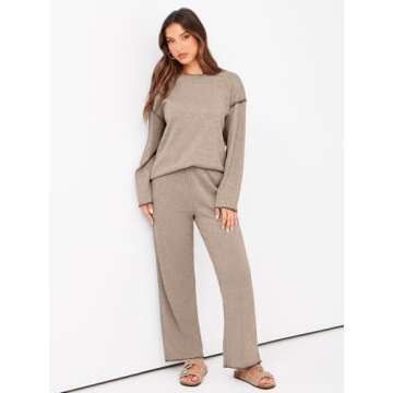 Glamaker Womens 2 Piece Outfit Long Sleeve Lounge Set Knit Sweater Loungewear Pajamas Matching Set Fall Travel Tracksuit(Coffee Grey,Medium)