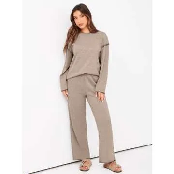 Glamaker Womens 2 Piece Outfit Long Sleeve Lounge Set Knit Sweater Loungewear Pajamas Matching Set Fall Travel Tracksuit(Coffee Grey,Medium)