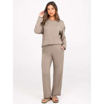 Glamaker Womens 2 Piece Outfit Long Sleeve Lounge Set Knit Sweater Loungewear Pajamas Matching Set Fall Travel Tracksuit(Coffee Grey,Medium)