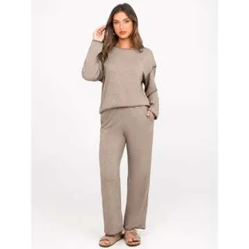 Glamaker Womens 2 Piece Outfit Long Sleeve Lounge Set Knit Sweater Loungewear Pajamas Matching Set Fall Travel Tracksuit(Coffee Grey,Medium)