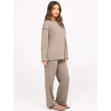 Glamaker Womens 2 Piece Outfit Long Sleeve Lounge Set Knit Sweater Loungewear Pajamas Matching Set Fall Travel Tracksuit(Coffee Grey,Medium)