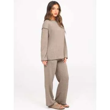 Glamaker Womens 2 Piece Outfit Long Sleeve Lounge Set Knit Sweater Loungewear Pajamas Matching Set Fall Travel Tracksuit(Coffee Grey,Medium)