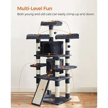 FEANDREA 67-Inch Multi-Level Cat Tree for Large Cats, with Cozy Perches, Stable, Smoky Gray UPCT18G