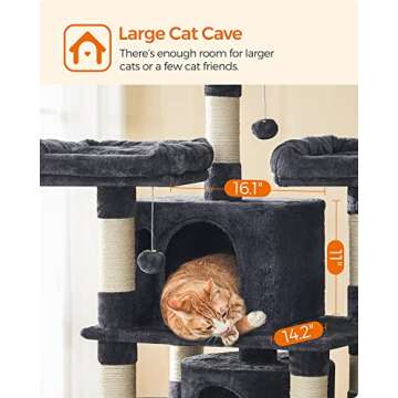 FEANDREA 67-Inch Multi-Level Cat Tree for Large Cats, with Cozy Perches, Stable, Smoky Gray UPCT18G