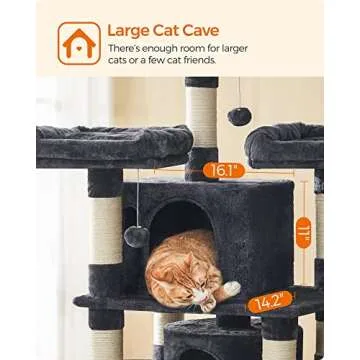 FEANDREA 67-Inch Multi-Level Cat Tree for Large Cats, with Cozy Perches, Stable, Smoky Gray UPCT18G