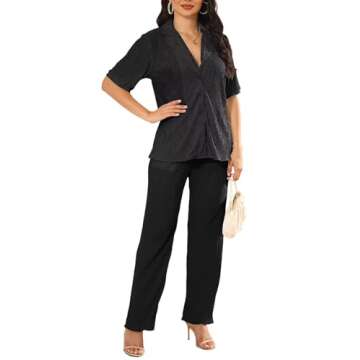 Ekaliy Women's 2 Piece Casual Pleated Outfits Short Sleeve Button Down Shirt High Waist Wide Leg Trouser Sets Suit