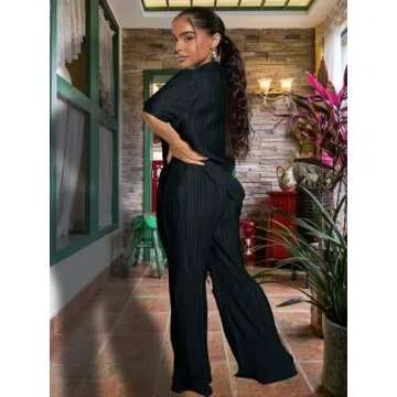 Ekaliy Women's 2 Piece Casual Pleated Outfits Short Sleeve Button Down Shirt High Waist Wide Leg Trouser Sets Suit