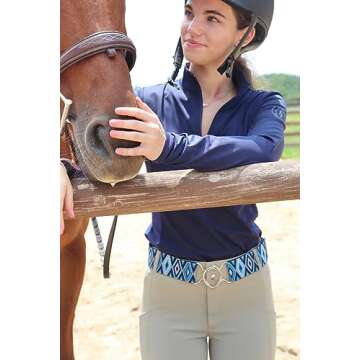 Heads Up Apparel Aztec Elastic 2 inch Equestrian Belt with surcingle, circle or bit buckle options. (2 inch Blue Aztec belt with silver circle buckle)