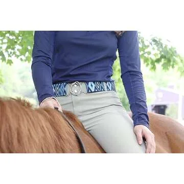 Heads Up Apparel Aztec Elastic 2 inch Equestrian Belt with surcingle, circle or bit buckle options. (2 inch Blue Aztec belt with silver circle buckle)