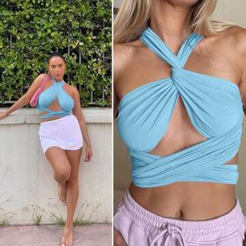 ZAFUL Ribbed Halter Crop Top Ruched Lace-up Cropped Cami Bandana Top Stitching Cropped Tank Top Blue