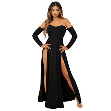 SweatyRocks Women's Elegant Off Shoulder Double High Slit Long Sleeve Dress A Line Maxi Dresses Black XS