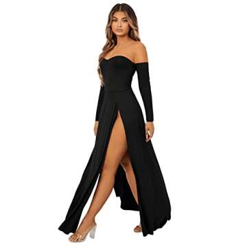 SweatyRocks Women's Elegant Off Shoulder Double High Slit Long Sleeve Dress A Line Maxi Dresses Black XS