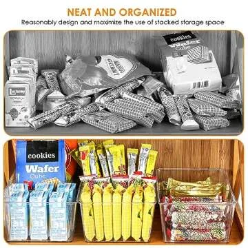 Hronta Pantry Organizers and Storage, 6 Pack Clear Storage Bins for Kitchen, Fridge, Cabinet Organization, 4 Compartment Organizer Bins for Snacks, Pouches, Spice Packets, Tea Bags