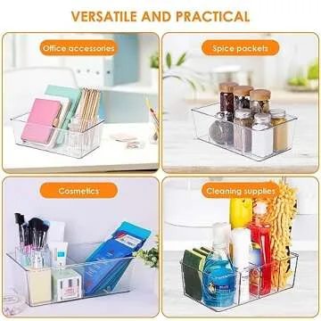 Hronta Pantry Organizers and Storage, 6 Pack Clear Storage Bins for Kitchen, Fridge, Cabinet Organization, 4 Compartment Organizer Bins for Snacks, Pouches, Spice Packets, Tea Bags