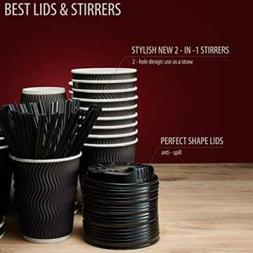 Primens Insulated Disposable Coffee Cups with Lids & Straws 12 oz, 100 Packs - Paper Cups for Hot Be...